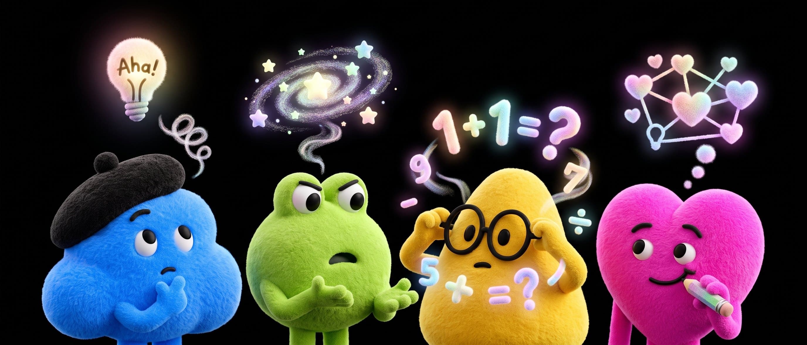 Four dots thinking: a blue one in a beret with an idea, a green one lost in a galaxy, a yellow one doing sums, a pink one drawing hearts